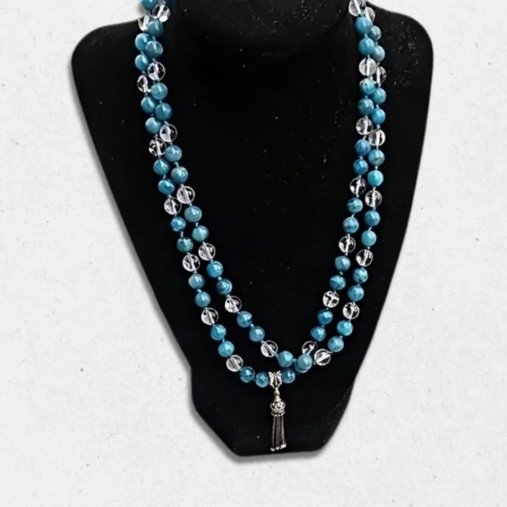 Stone Clear Glass Hand Knotted Necklace Tassel Pendant No Clasp Blue/Clear W OS